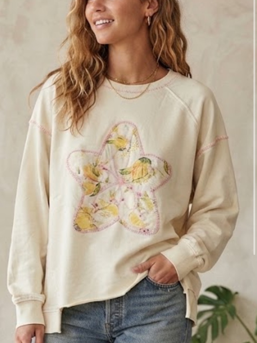 Easel Cream Sweatshirt with Yellow Floral Star Patch